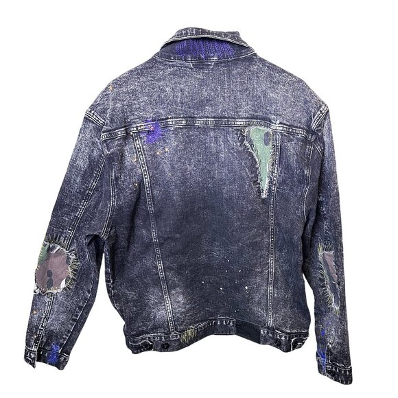 STAPLE‎ Mens XL Distressed Denim Jacket with Paint Splatter & Patchwork NWT - Picture 2 of 15
